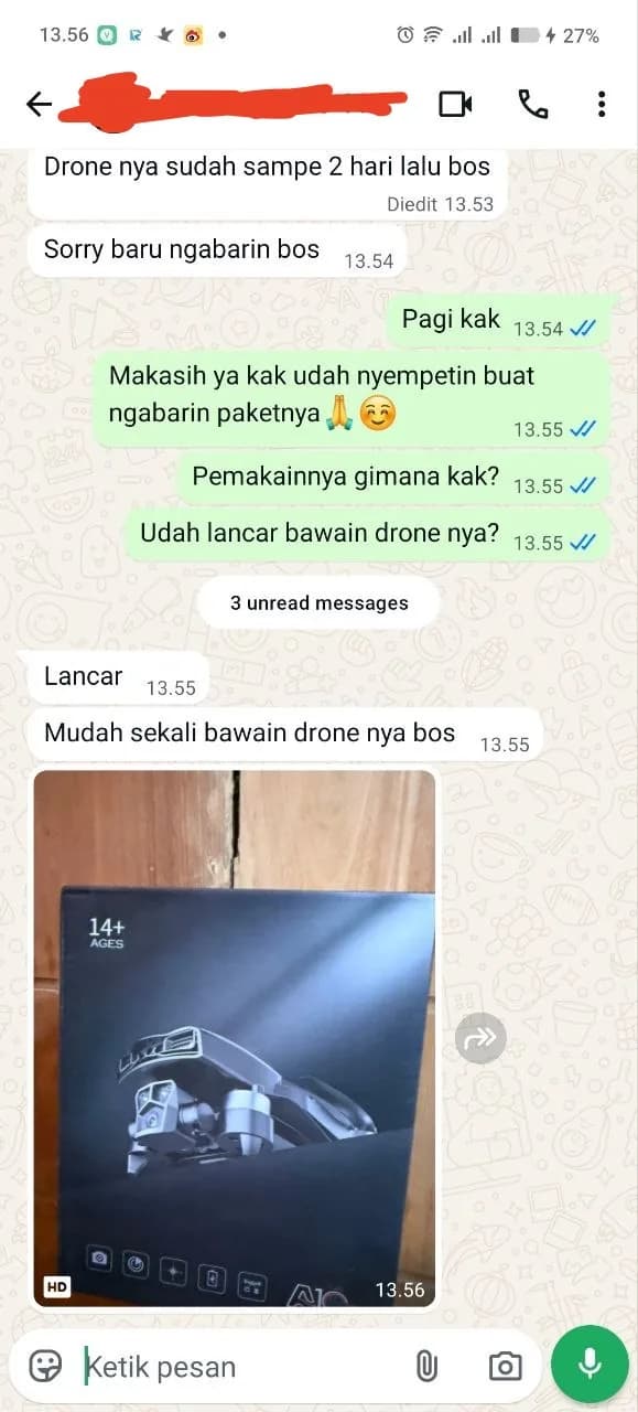 Screenshot chat WhatsApp pembeli Drone S10 Pro 1