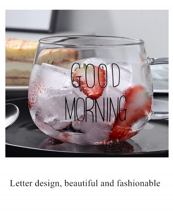 Empty Letter Printing Transparent Tea Juice with Handle Good Morning Milk Coffee Glass Clear Mug Cup